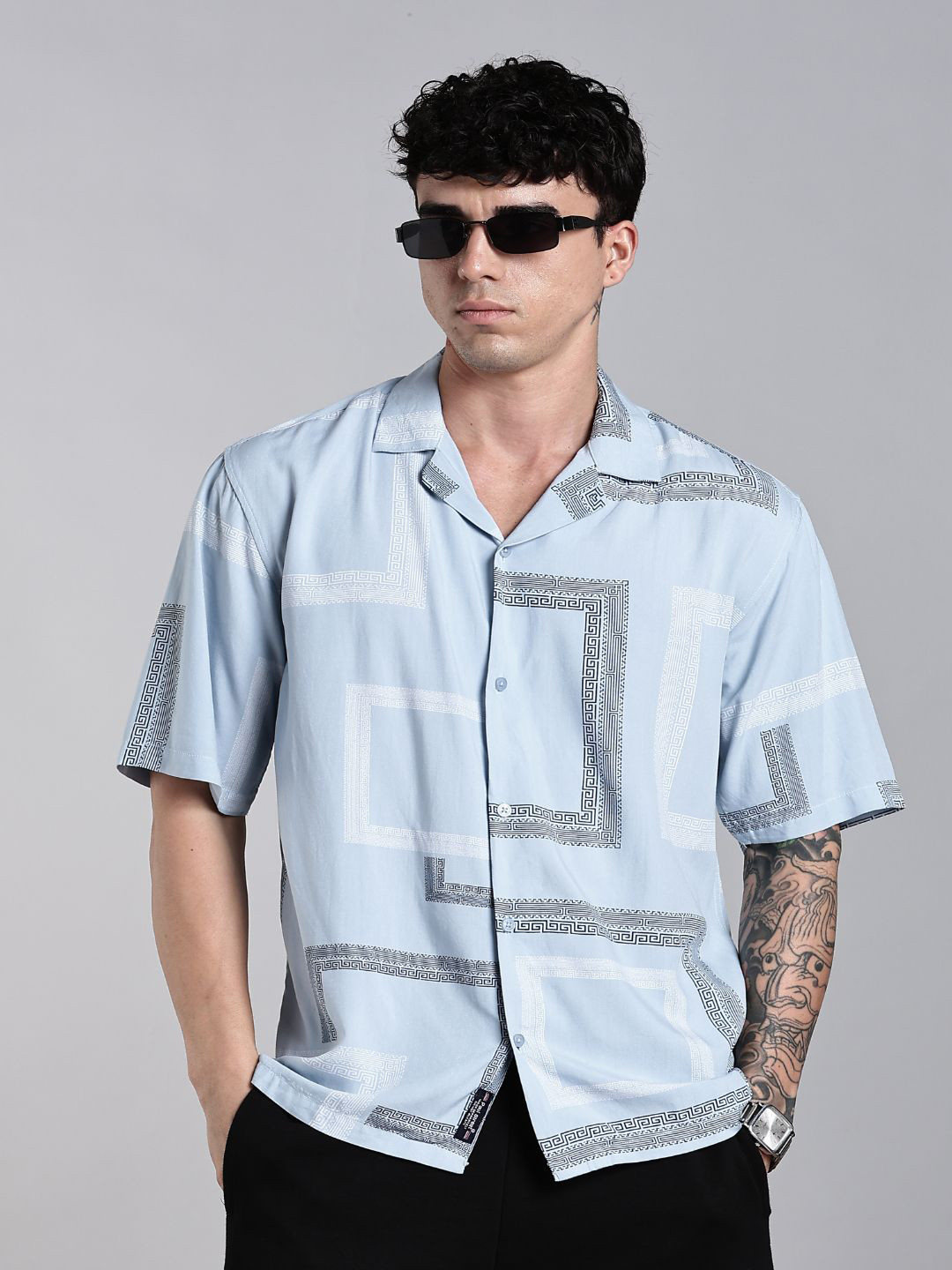 PAUL STREET Glide Geometric Printed Cuban Collar Comfort Boxy Casual Shirt