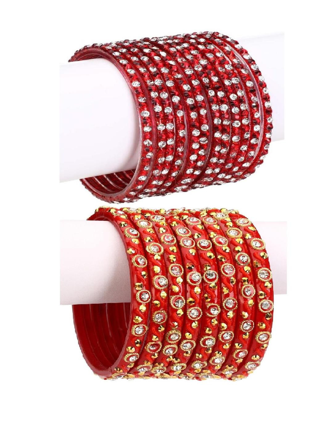 Somil Stylish Glass & Fancy Bangle/Kada set of 20, Red & Red, Combo Of 2 Set