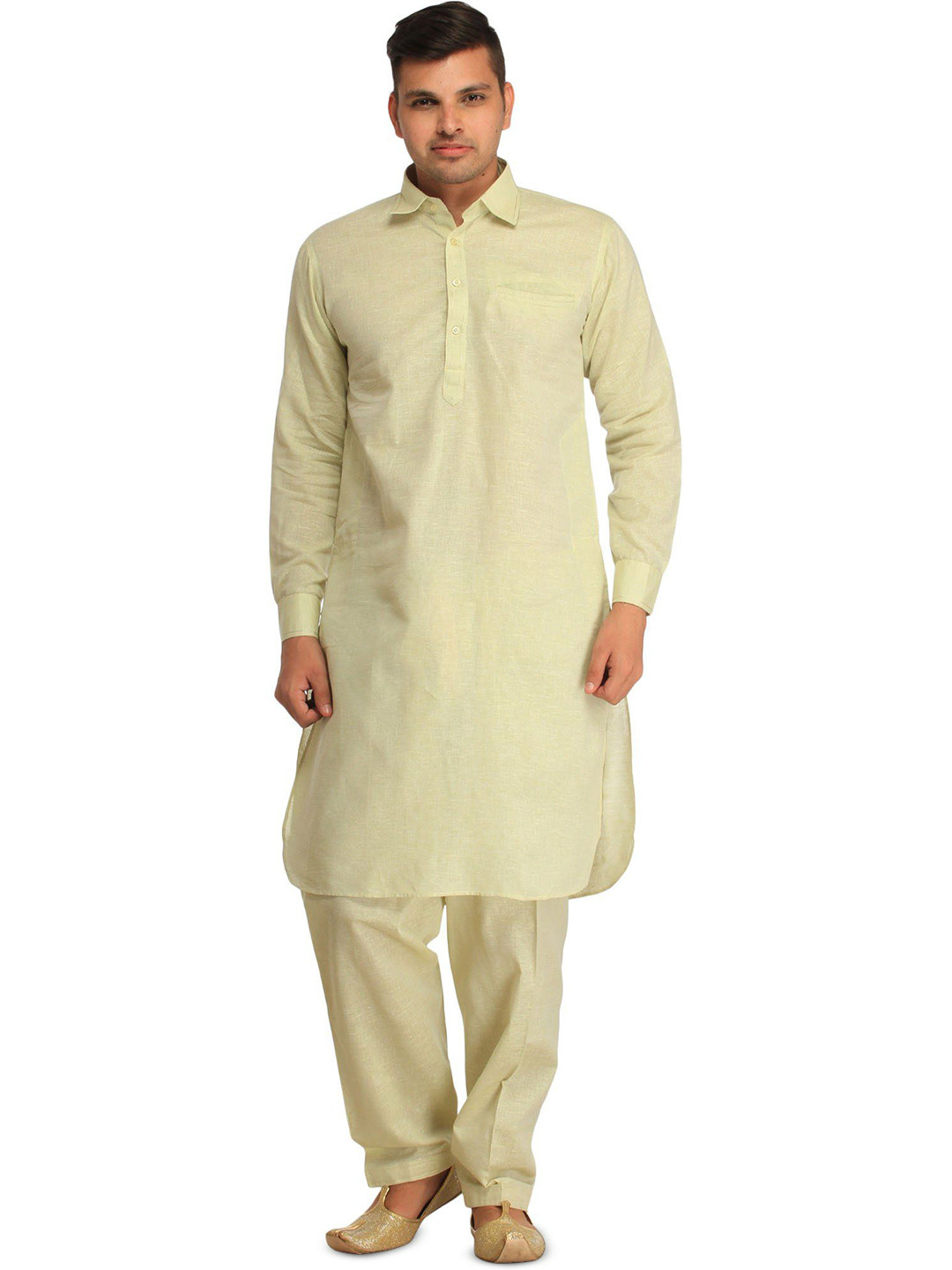 Exotic India Men Pastel Plain Pathani Kurta Shalwar Set with Front Pocket