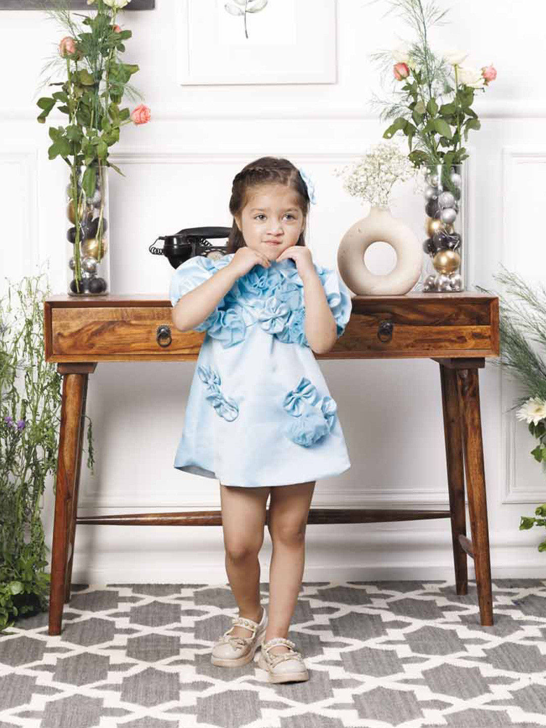 The Lush Affair Girls Floral Print Flared Sleeve Net A-Line Dress