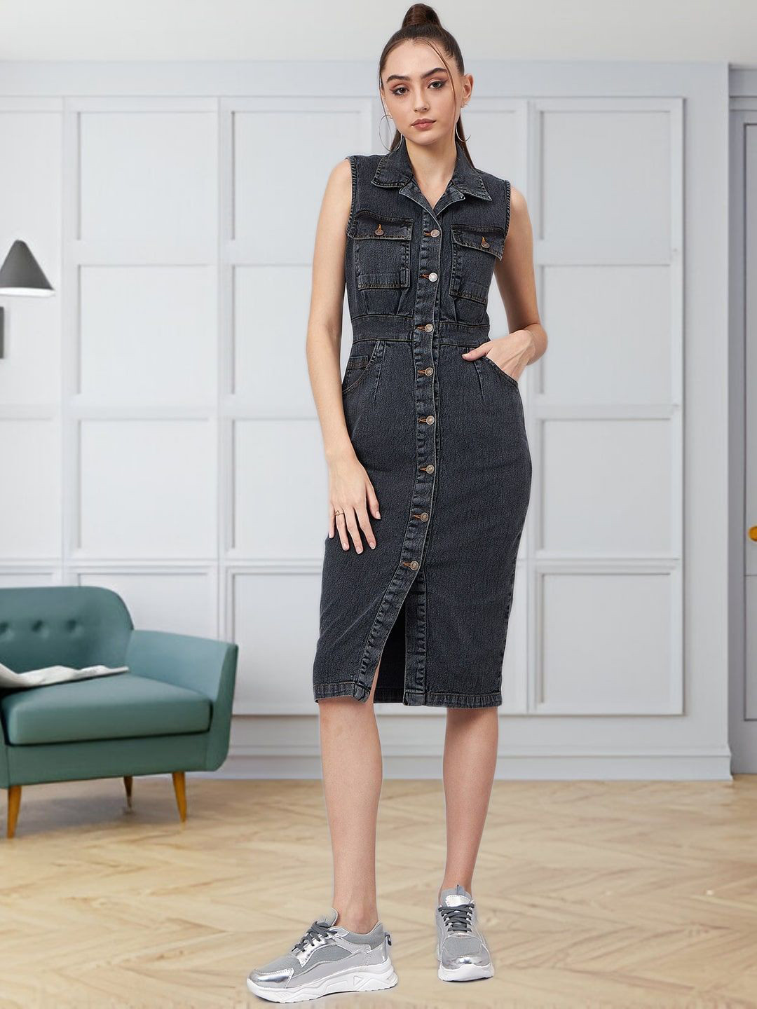 all about you Women Front Button Sleeveless Shirt Dress