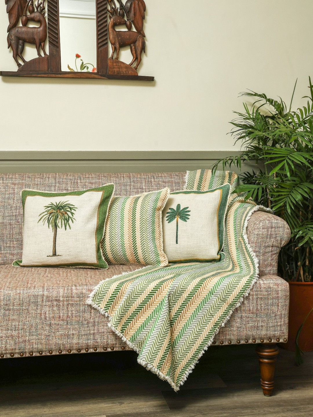 Crown of Poppies Palm Stories 3 Pieces Floral Printed Cotton Square Cushion Covers