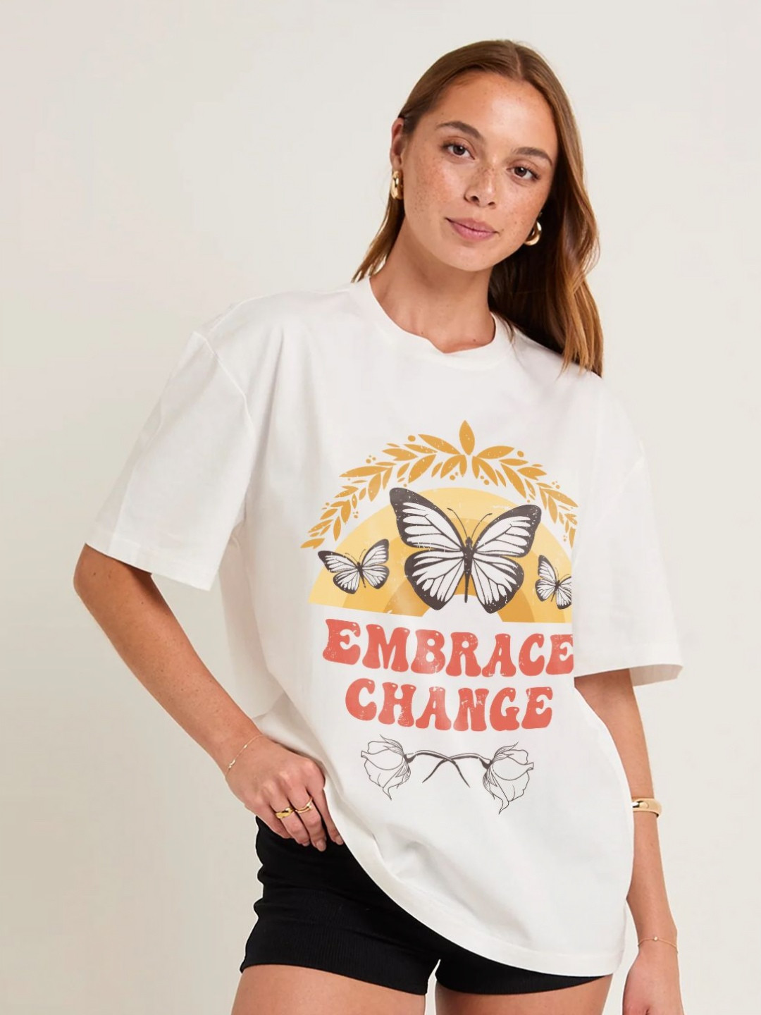 PRONK Embrace Change Graphic Printed Drop-Shoulder Sleeves Oversized Cotton T-shirt