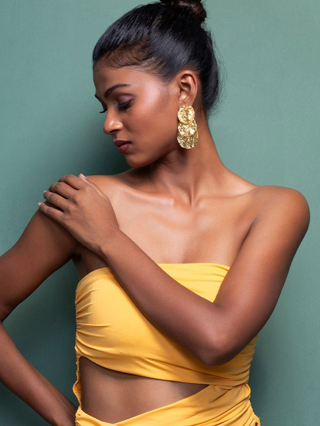 MINJI AND CO. Hammered Gold-Plated Triple Disc Circular Drop Earrings