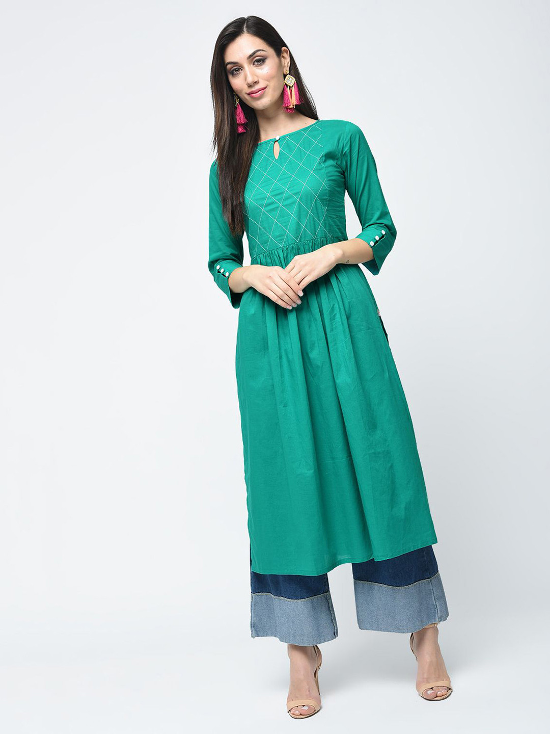 ANIYAH Checked Yoke Design Keyhole Neck Straight Pure Cotton Kurta