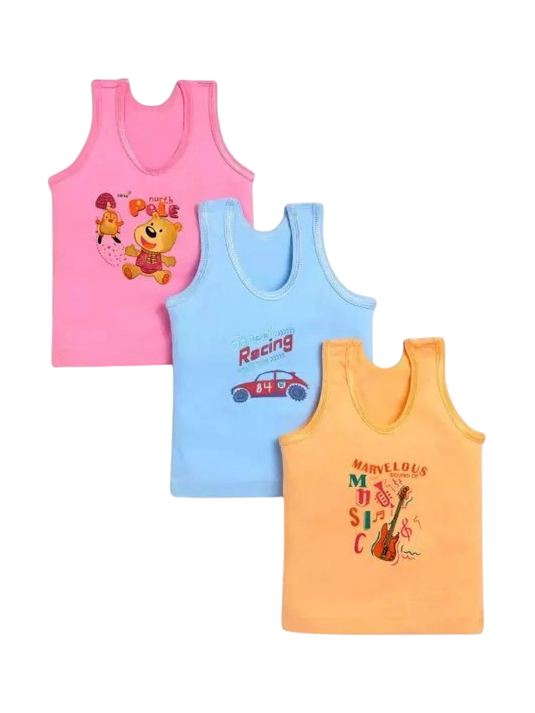 NEW TRINATH HOSIERY Pack Of 3 Infants Printed Cotton Basic Vests