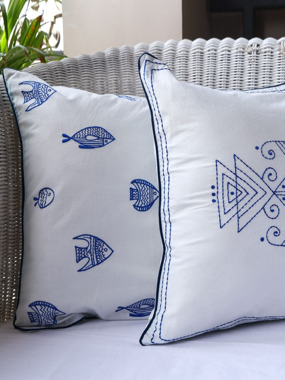 Crown of Poppies Indigo Fish Weave White 2 Pieces Printed Cotton Square Cushion Covers