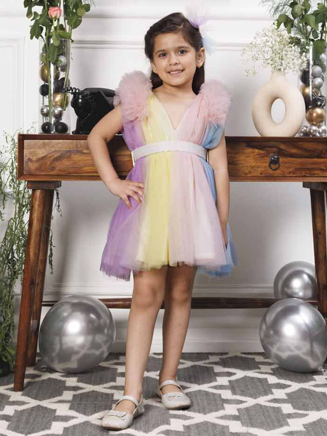 The Lush Affair Rainbow 2.0 Girls Flutter Sleeves Fit & Flare Dress