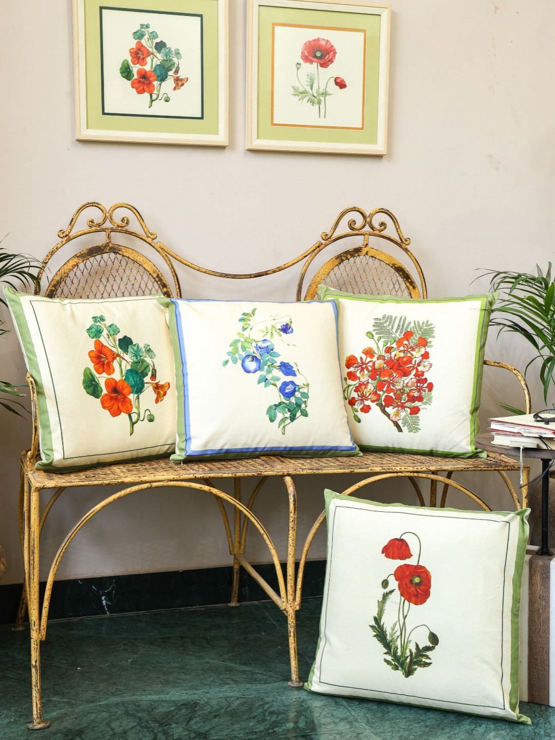 Crown of Poppies Blooming Garden White 4 Pieces Printed Cotton Square Cushion Covers