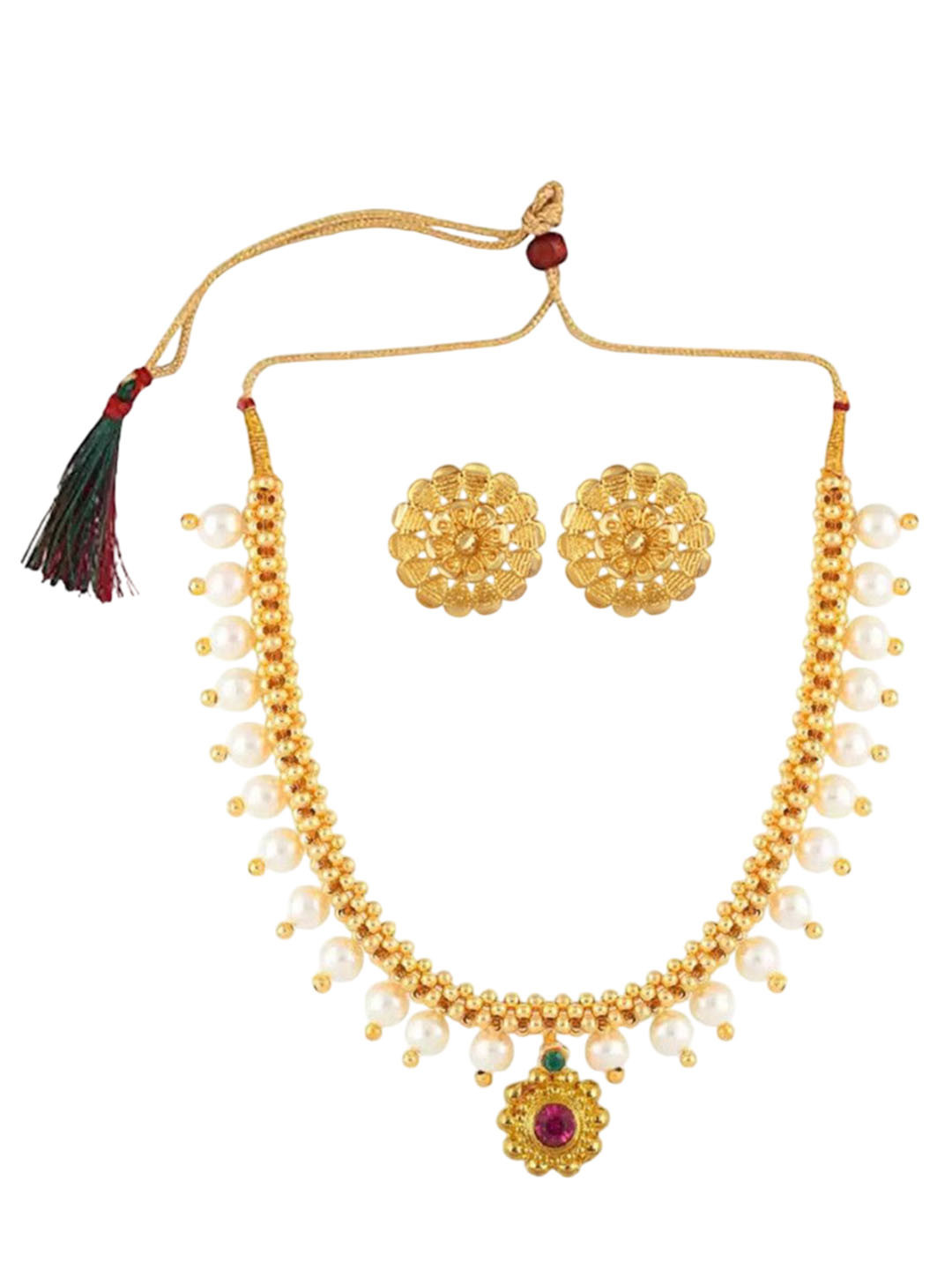 Heer Collection  1gm Gold & Micron-Plated Cubic Zirconia-Studded & Beaded Jewellery Set