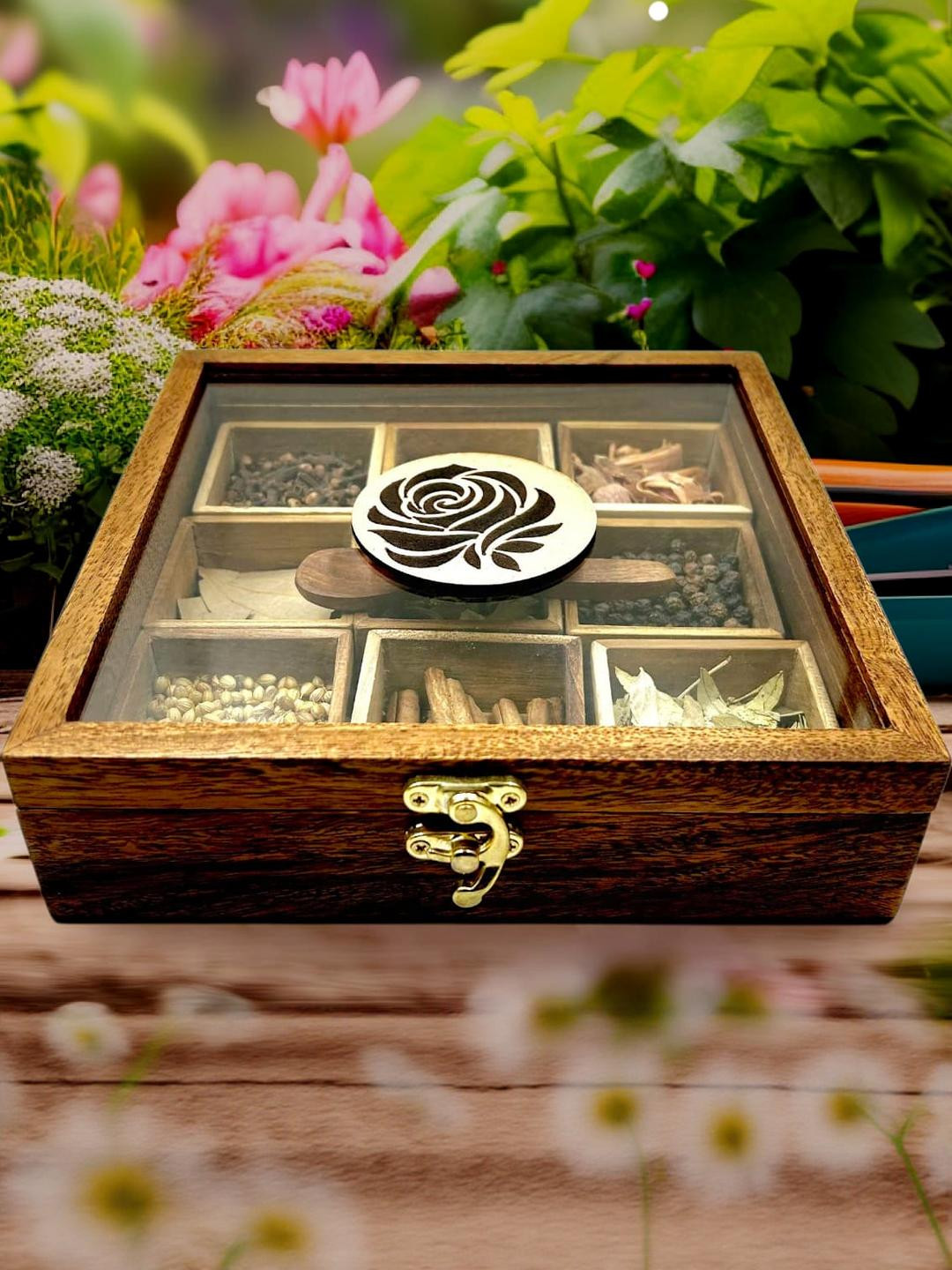Angira handicrafts Wooden Masala Box with 9 Spice Box