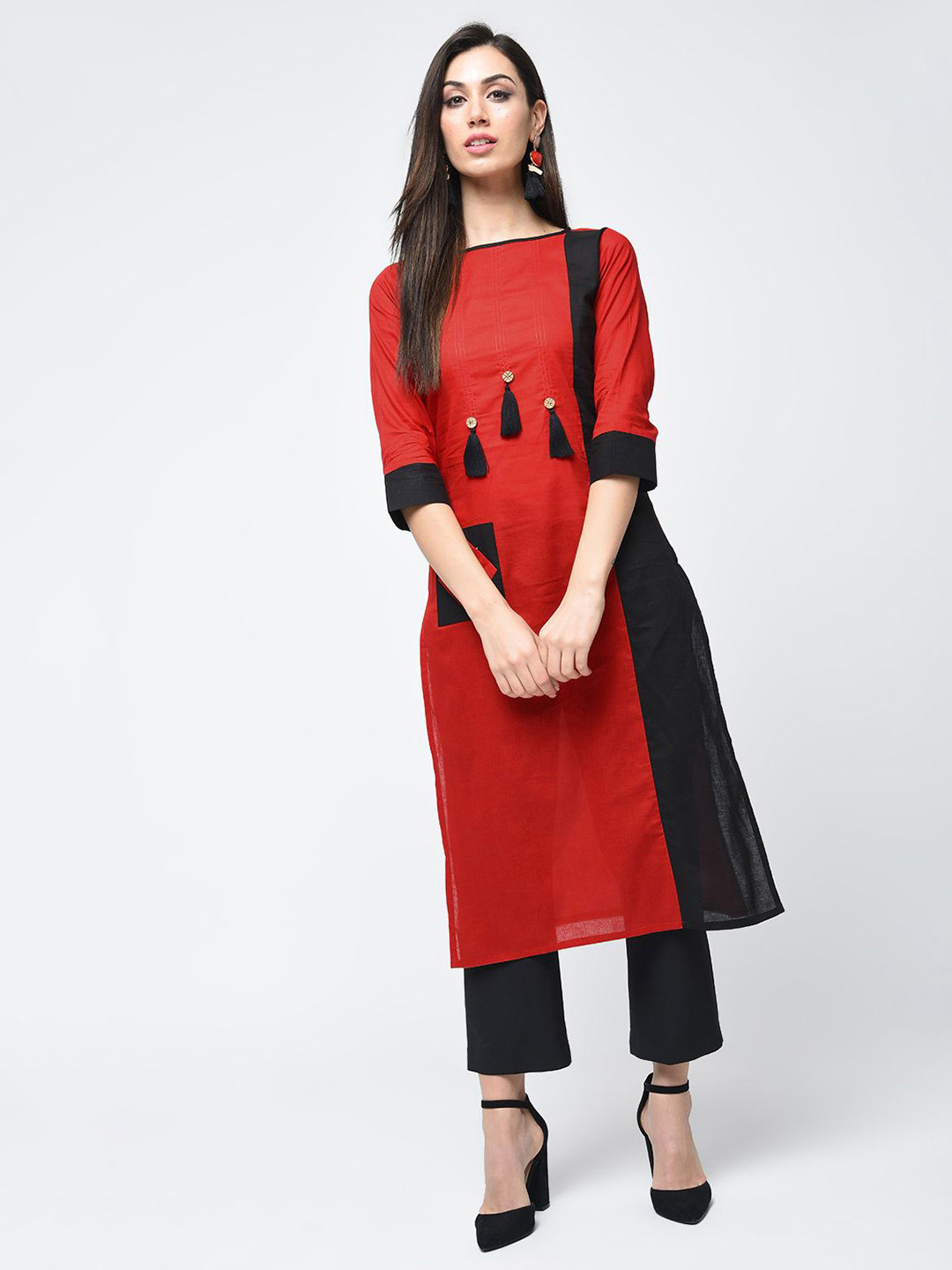 ANIYAH Colourblocked Pure Cotton Boat Neck Tassels Straight Kurta