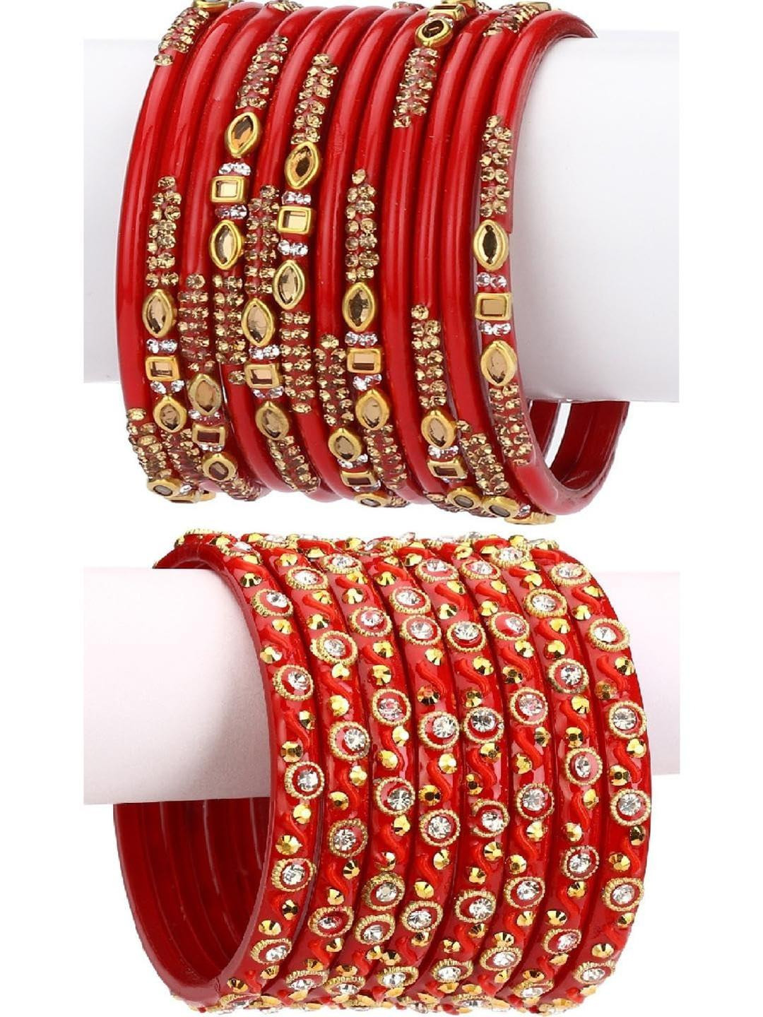 Somil Stylish Glass & Fancy Bangle Red & Red, Combo Of 2 Set