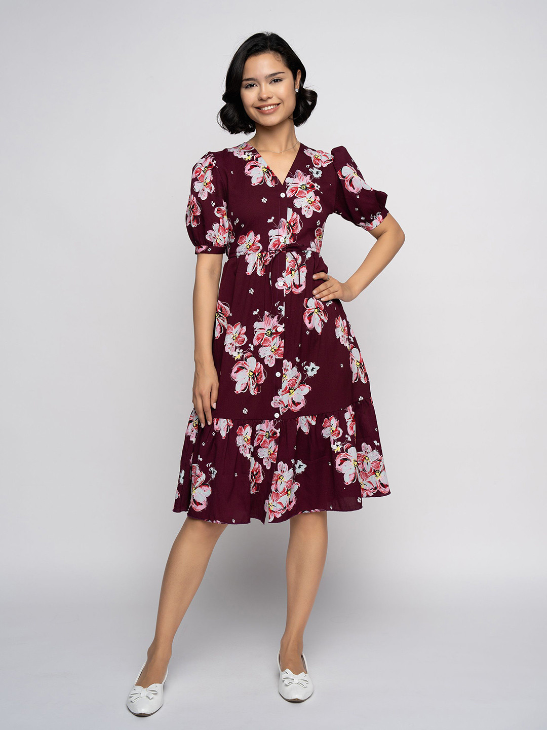 AASK Women Wine Printed Delta Fit and Flare Dress