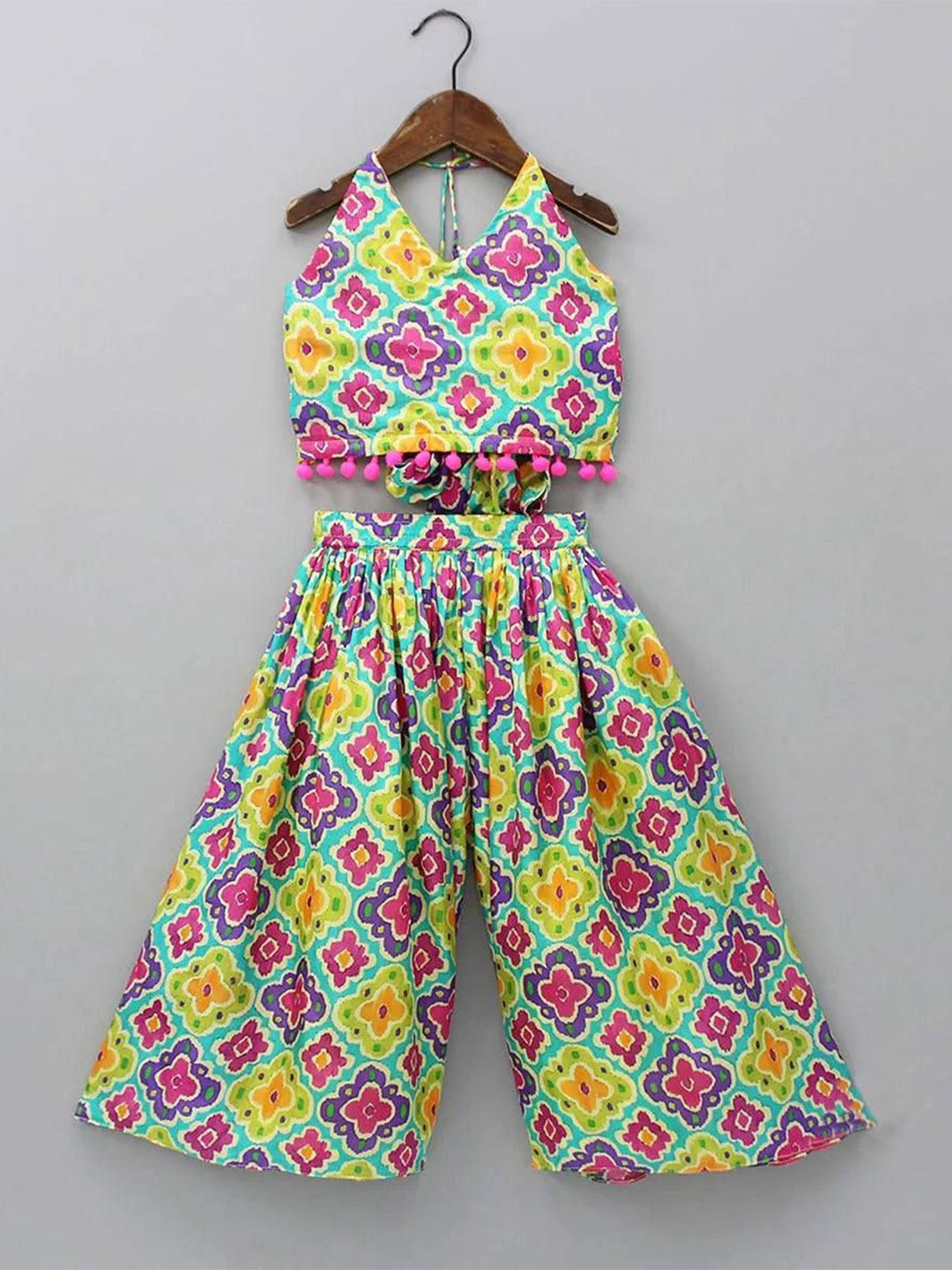 SHAHUDI DESIGNER Girls Printed Halter Neck Top With Palazzo