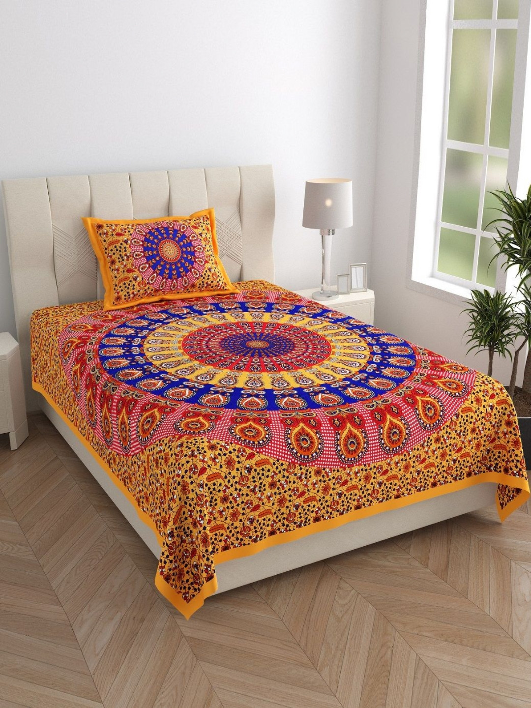 MANDAKINI Yellow & Blue Ethnic Motifs Cotton 144 TC Single Bedsheet Set-1.82 m x 1.21 m