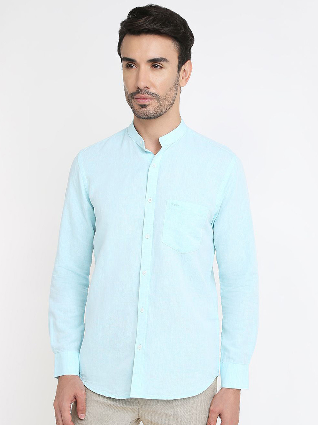 ColorPlus Band Collar Roll-Up Sleeves Regular Fit Shirt