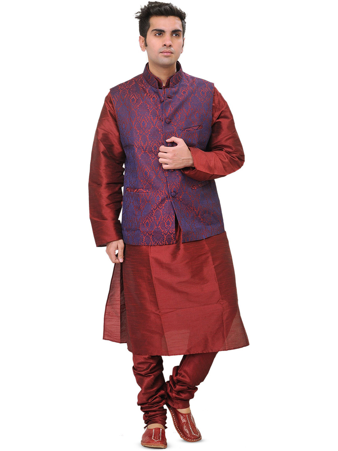 Exotic India Tibetan Red Three Piece Wedding Kurta Pajama Set with Vest