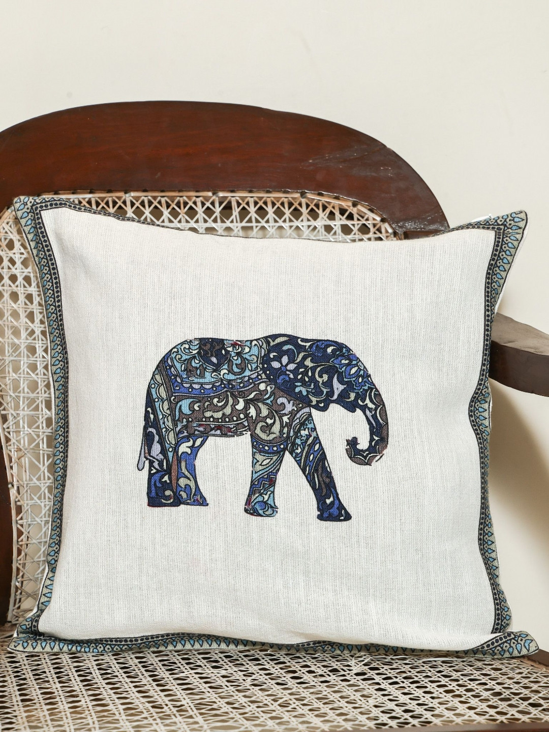 Crown of Poppies White & Blue Elephant Walk Printed Cotton Square Cushion Cover
