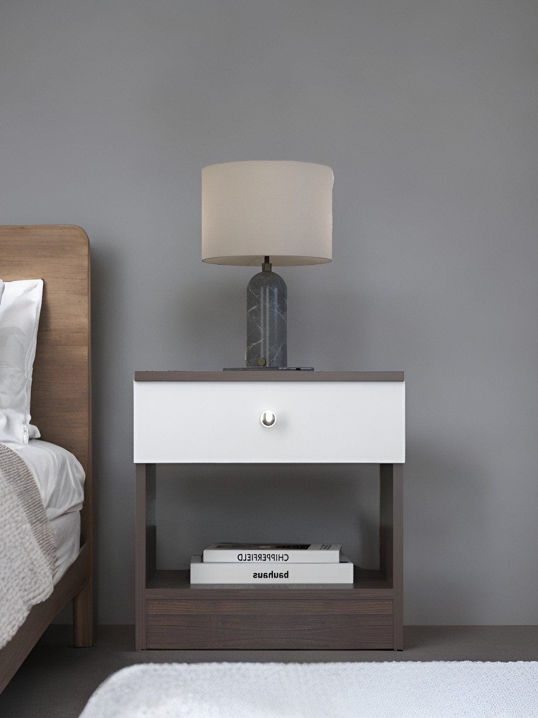 Wood Inspire Glacia Brown & White Wooden Square Bedside Table
