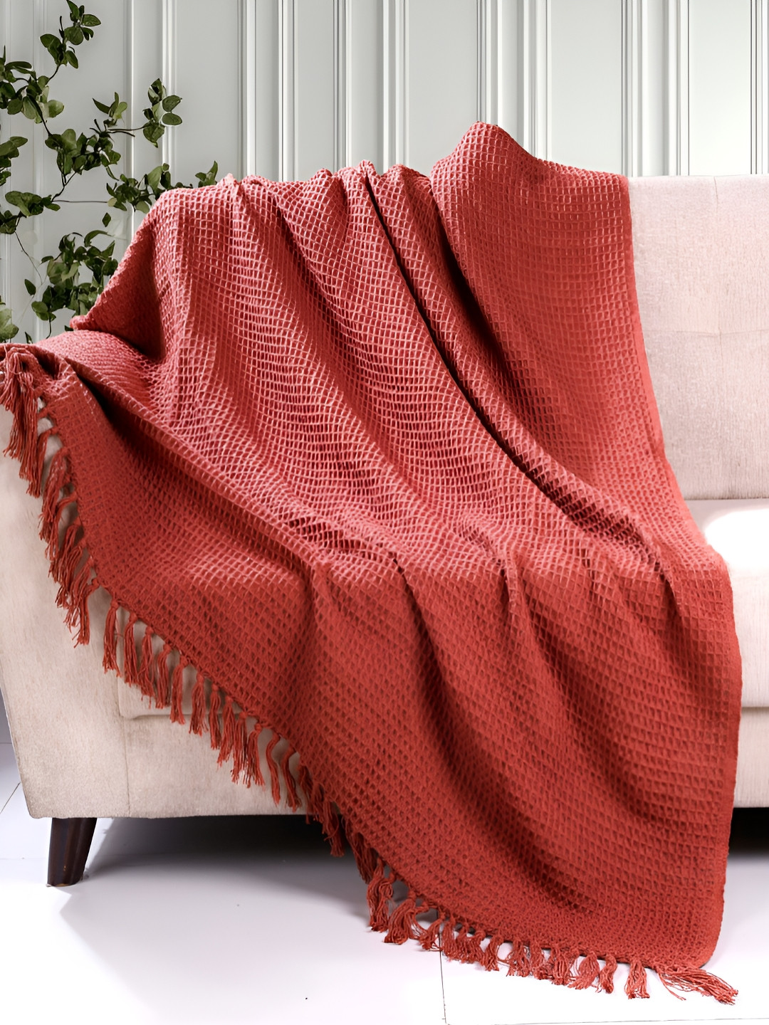 HOMADORN Rust Waffle Weave Checked Pure Cotton Sofa Throw