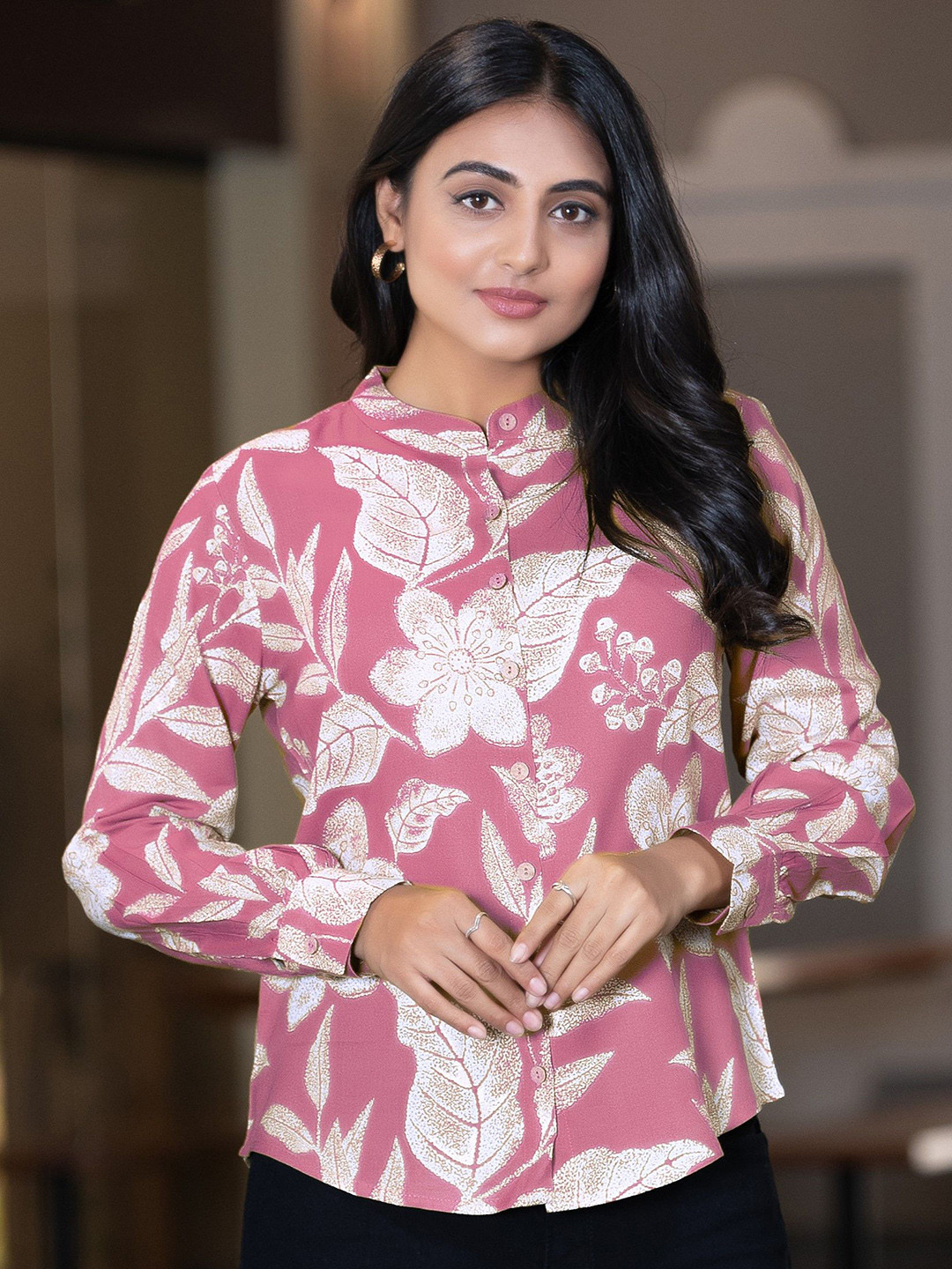 Floral Printed Band Collar Semiformal Shirt