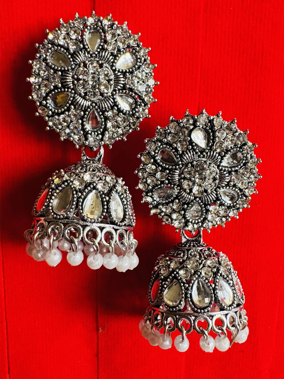 fashion fusion collection Gold-Plated Stones Studded & Beaded Oxidised Dome Shaped Jhumkas