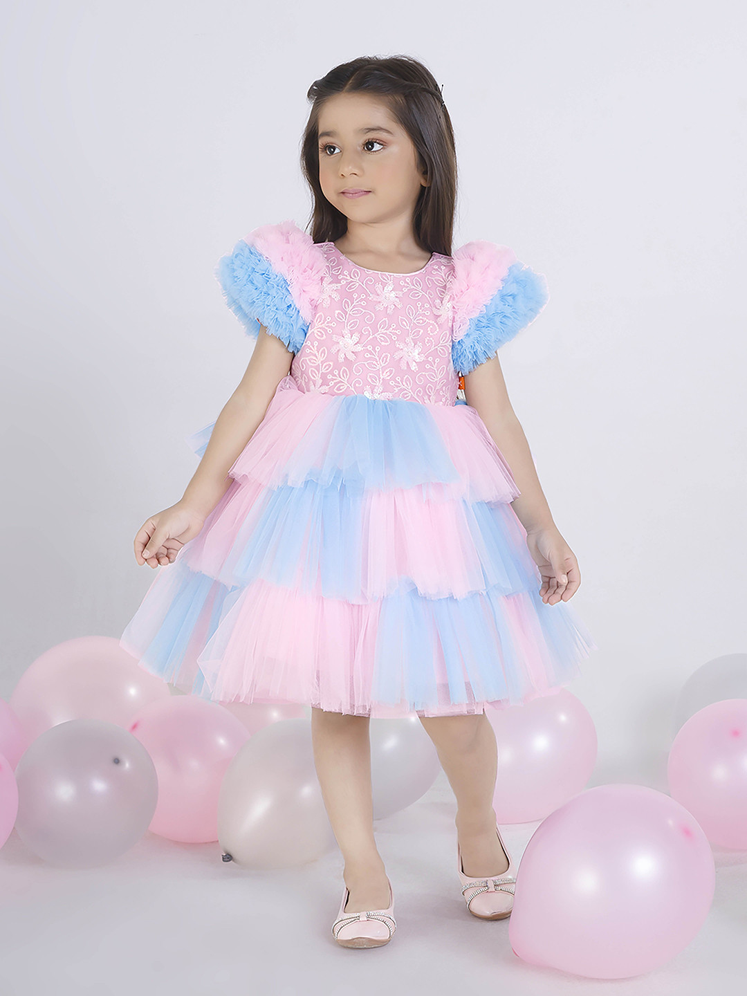 Ministitch Kids Girls Floral Embellished Puff Sleeve Net Fit & Flare Dress