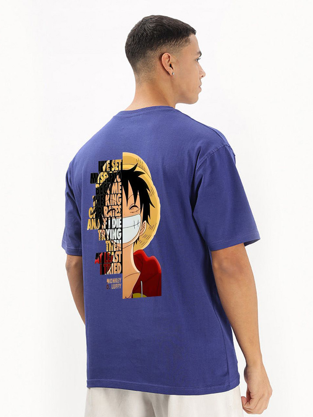 BDSQUARE Men Monkey D Luffy Typography Printed Round Neck Cotton Oversized T-shirt