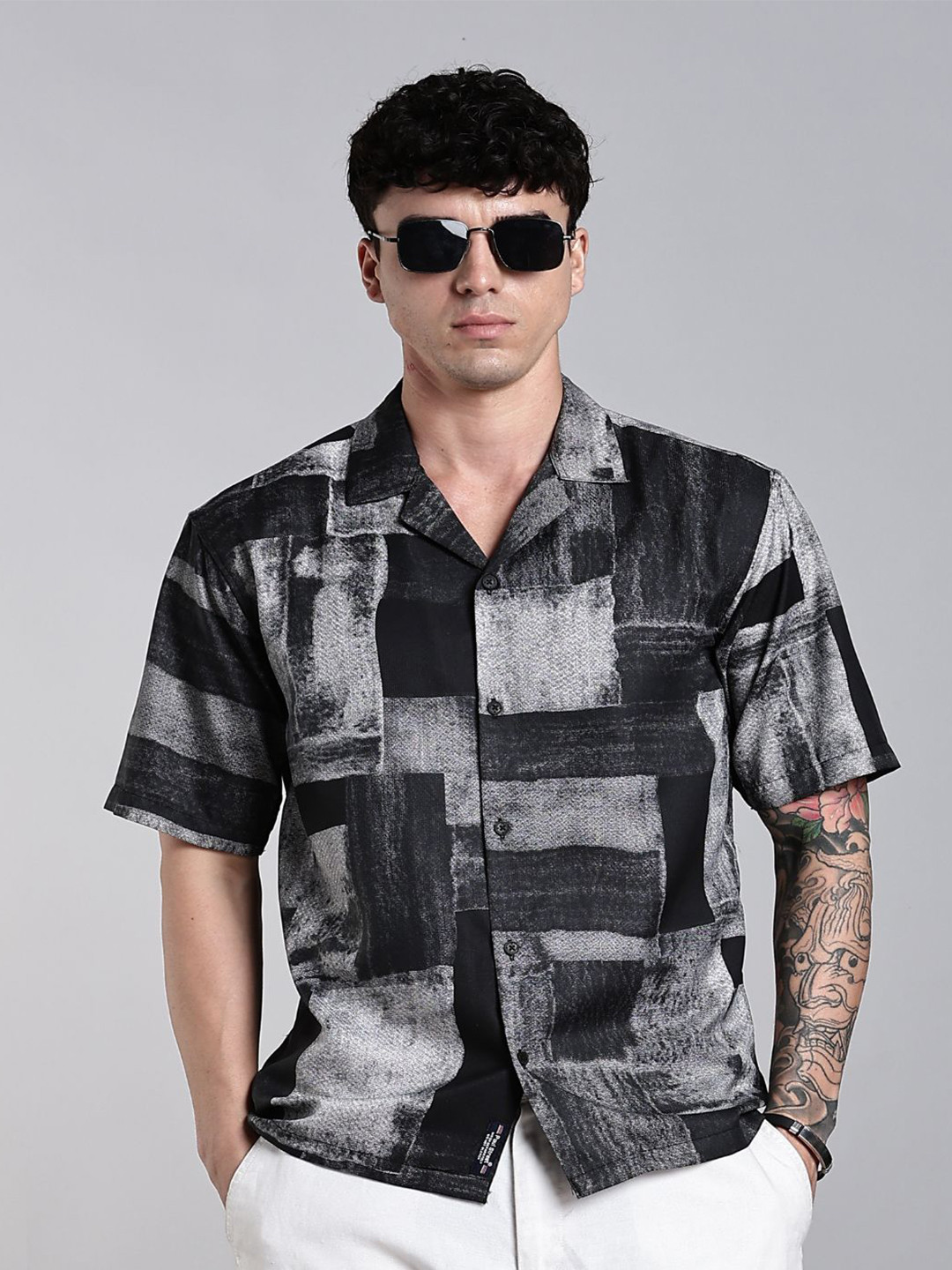 PAUL STREET Fiero Abstract Printed Cuban Collar Comfort Boxy Cotton Casual Shirt