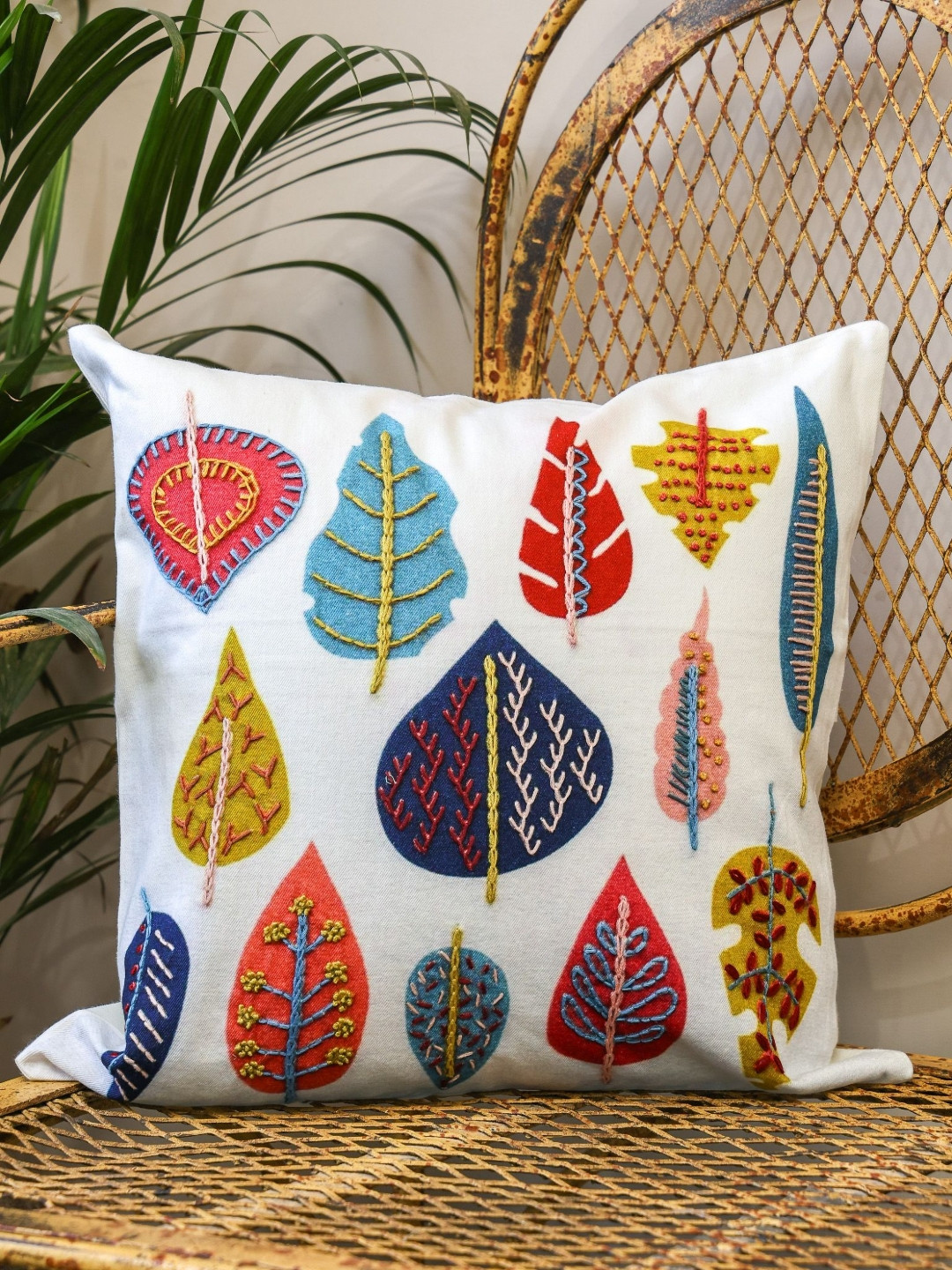 Crown of Poppies Asian Garden White Floral Embroidered Velvet Square Cushion Cover