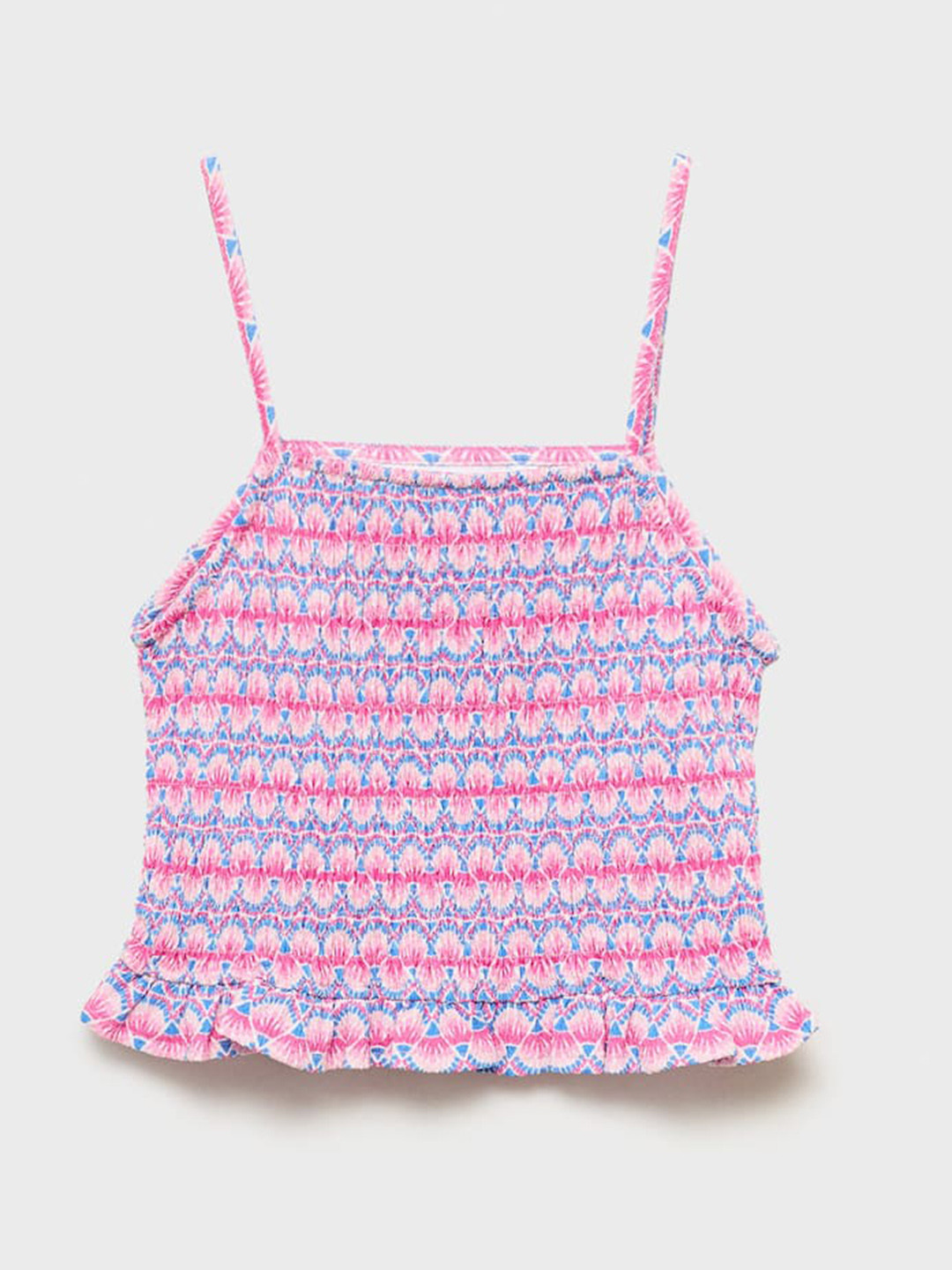 Mango Kids Girls Smocked Geometric Printed Ruffle Detail Top
