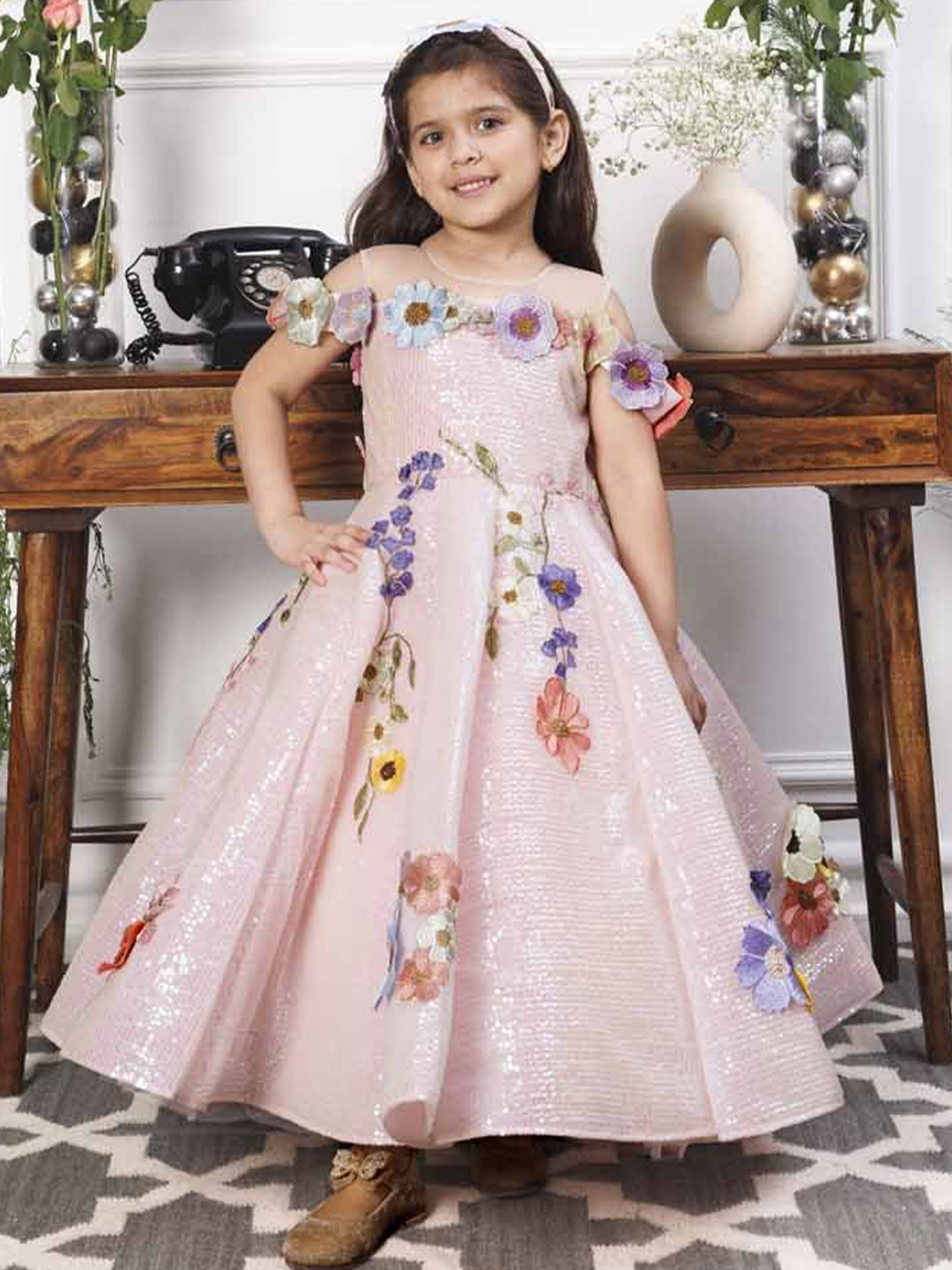 The Lush Affair Lily Girls Sequins Embellished Cold-Shoulder Floral Applique Gown Dress