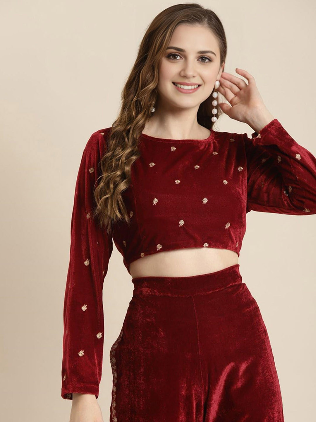EZSTALL Embroidered Velvet Round Neck Saree Blouse
