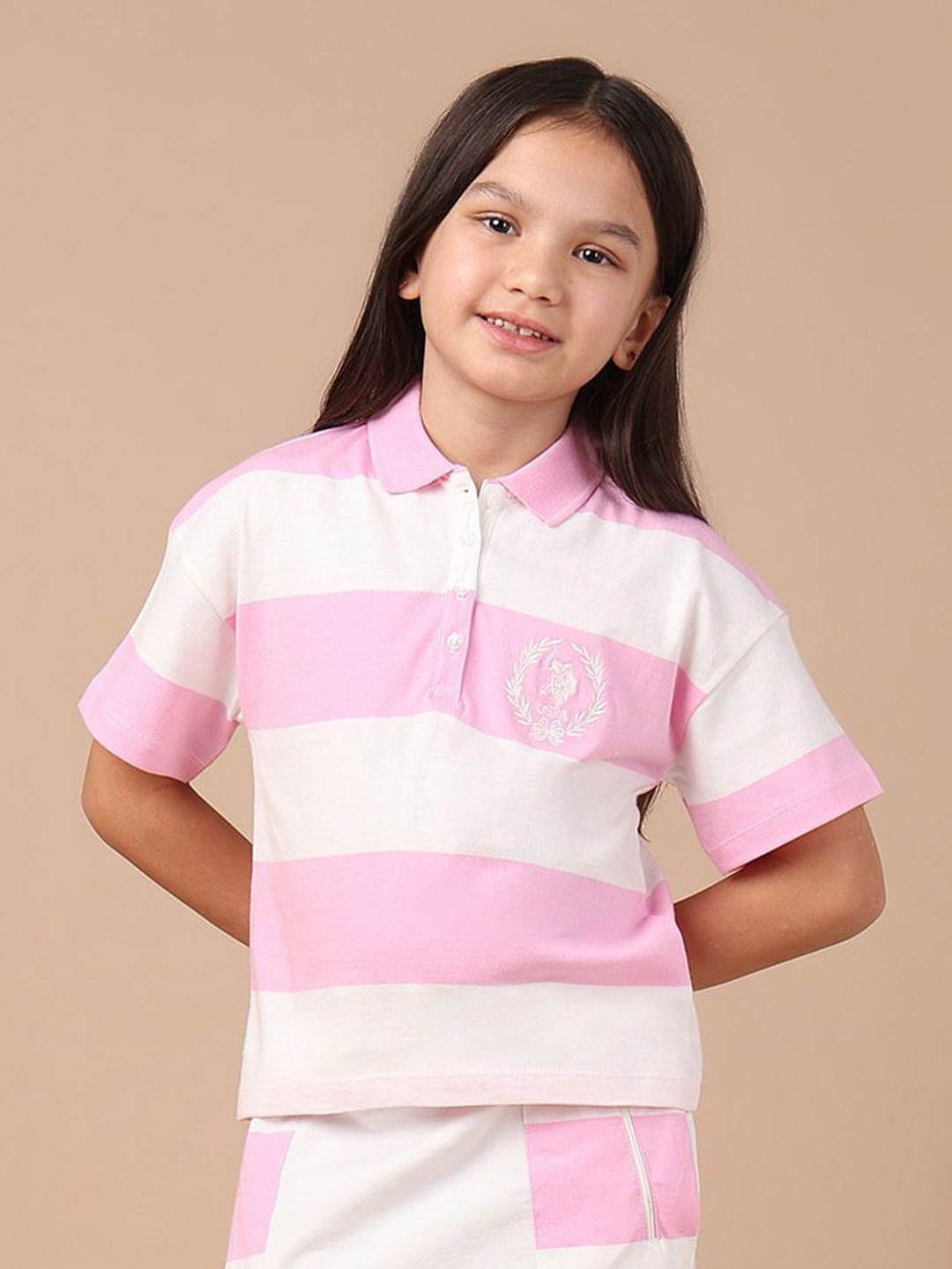 U.S. Polo Assn. Kids Girls Striped Polo Collar Pure Cotton T-shirt