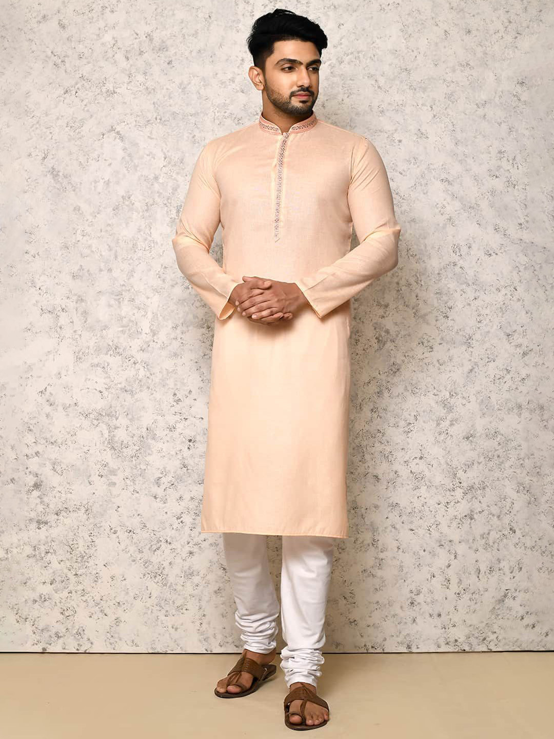 RANAK Men Solid Regular Straight Thread Work Above Knee Pure Cotton Kurta Set