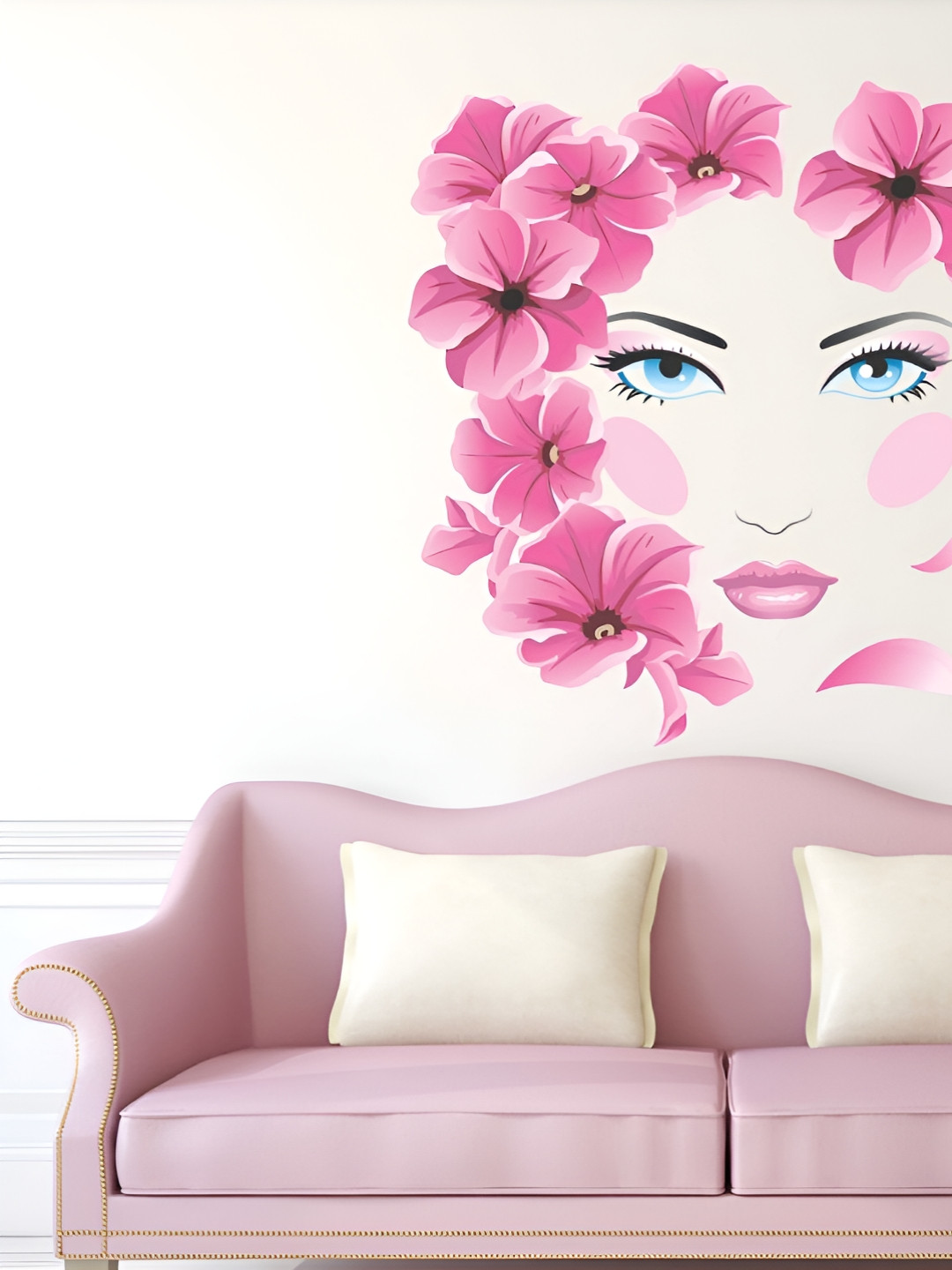 LANSTICK Pink & Blue Printed Beautiful Girl Face With Flower Wall Sticker