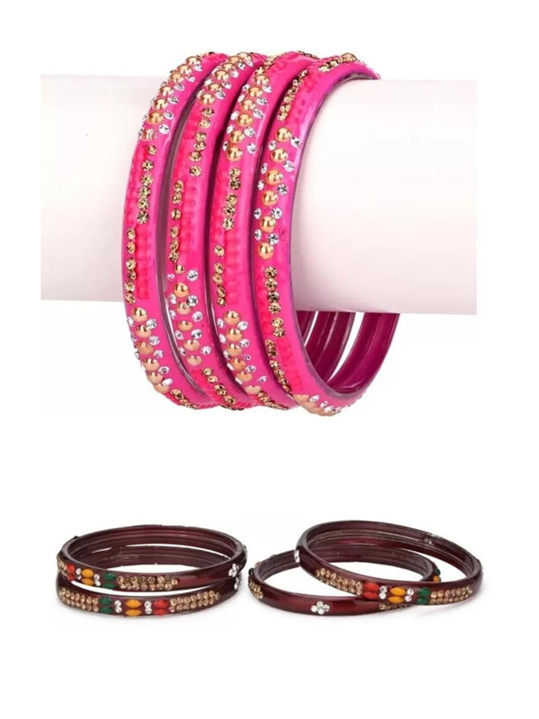 Somil Fashionable Glass Bangles/Kada Set With Colorful Chips & Bead - Pack Of 8