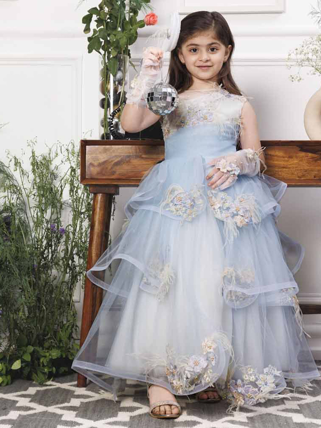 The Lush Affair Daphne Girls Layered Net Gown with Gloves