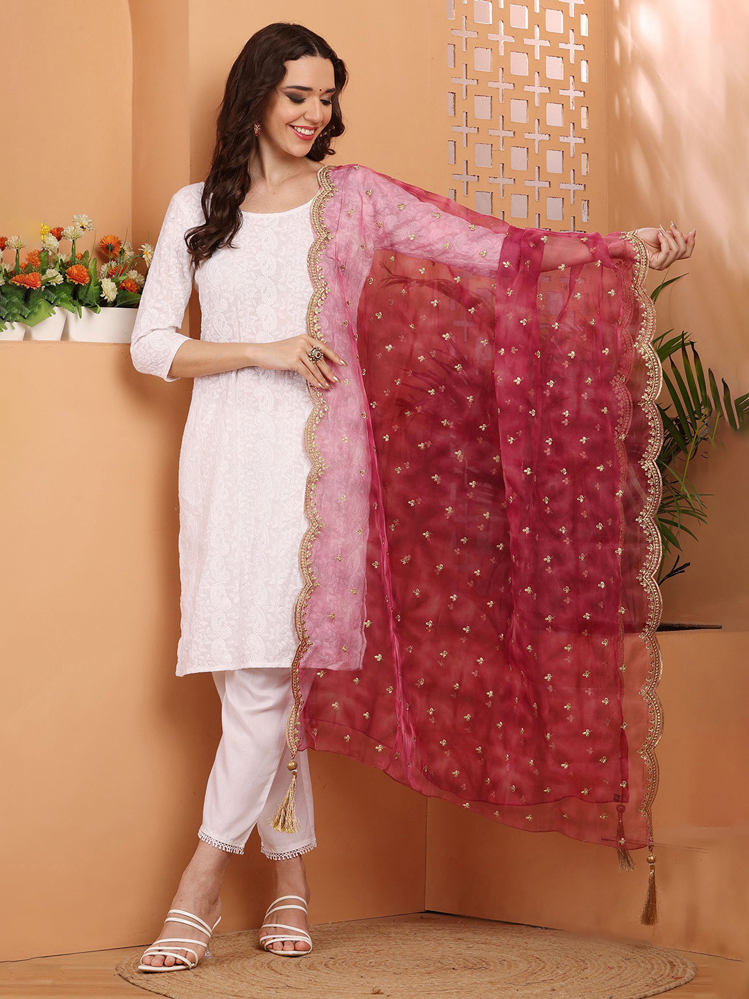 Bunkraft Floral Embroidered Thread Work Organza Dupatta