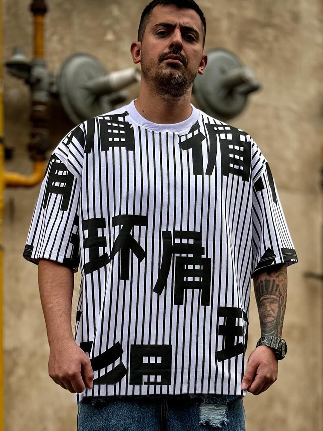 LAUREN ADAMS Striped Round Neck Drop-Shoulder Sleeves Pure Cotton Oversized T-shirt