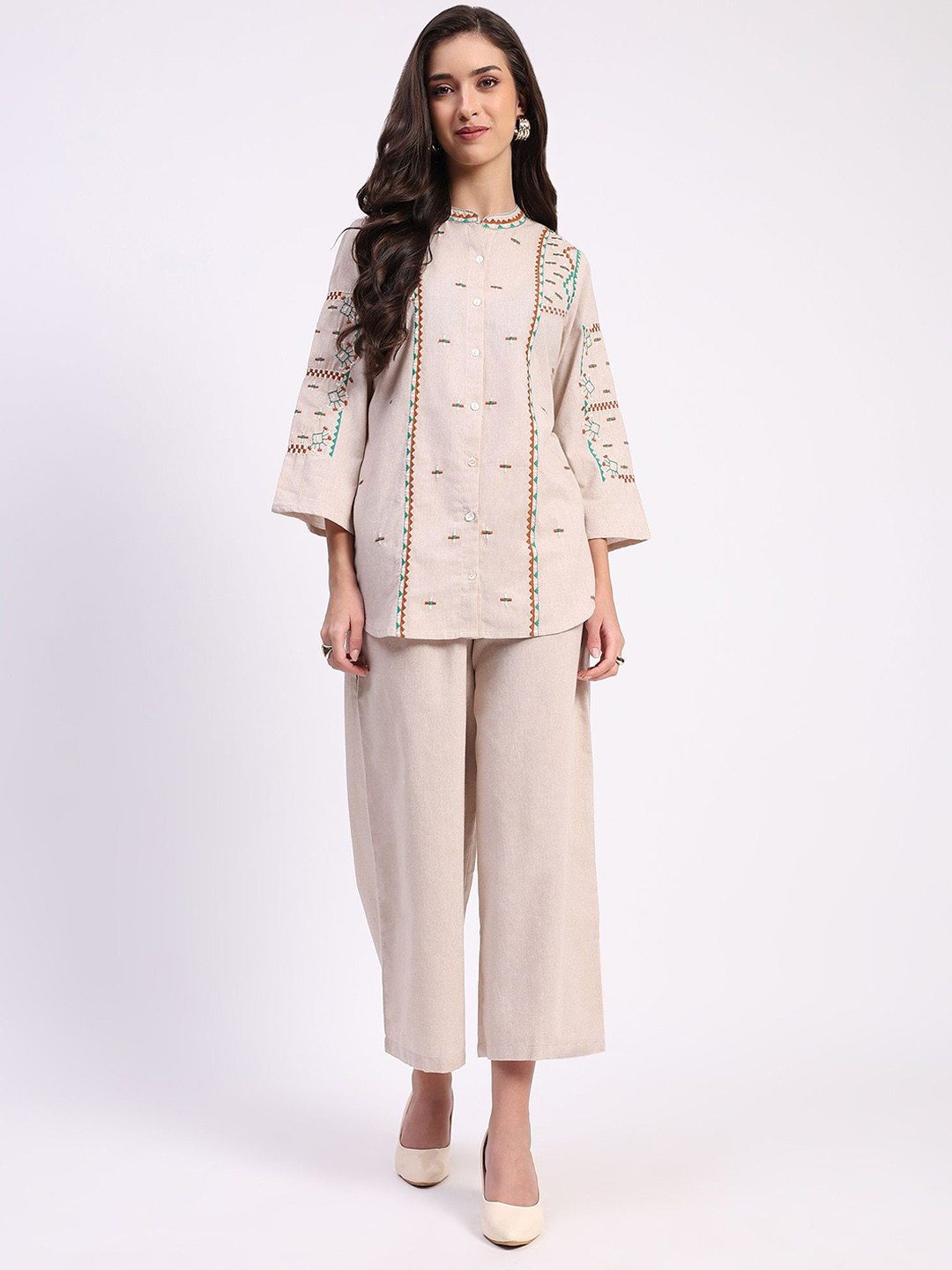 Me&I Embroidered Mandarin Collar Tunic With Trousers Co-Ords