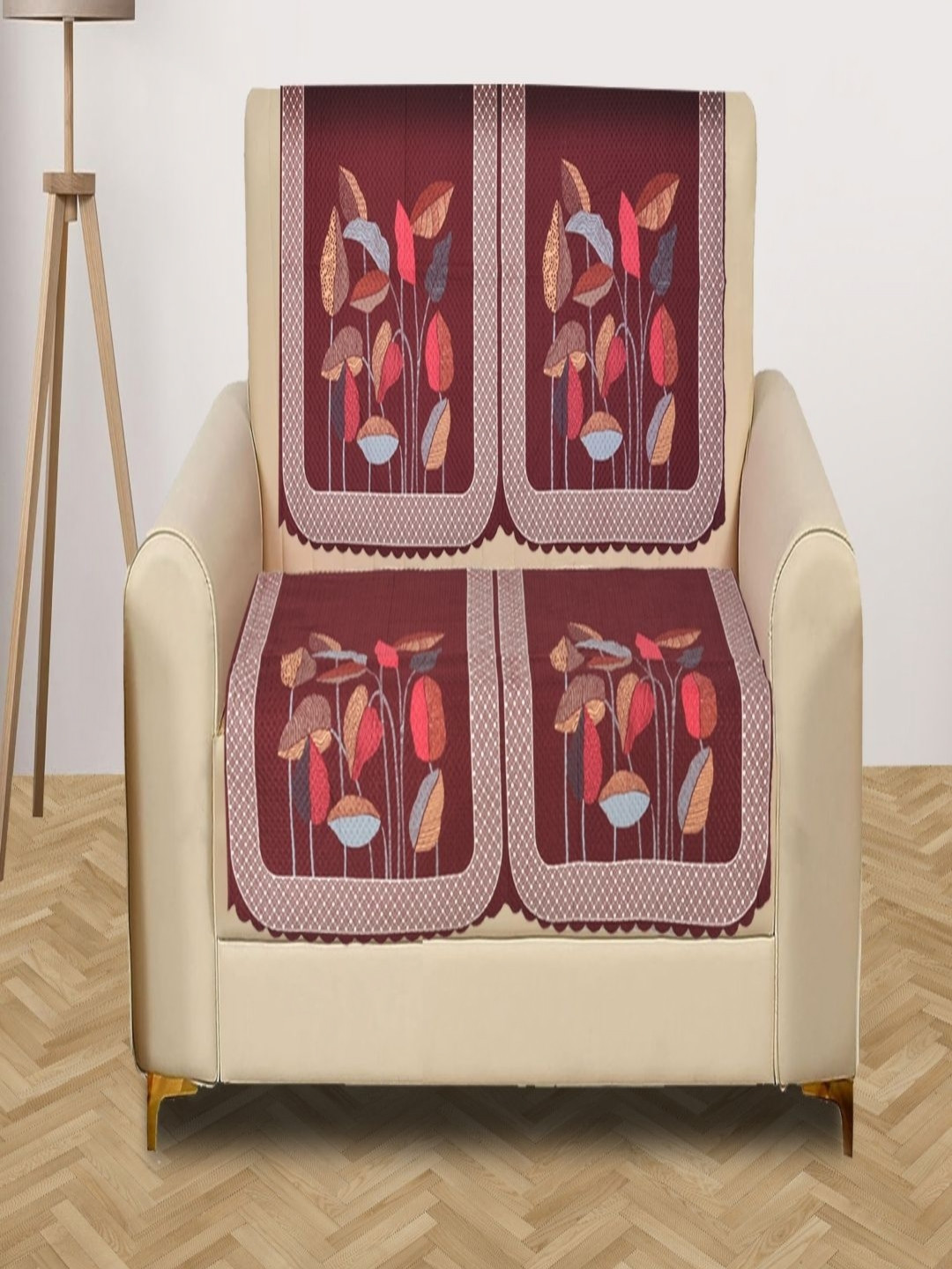 Myntra Elegant Homes Red & Grey Printed 4 Pieces Printed 2 Seater Velvet Sofa Cover