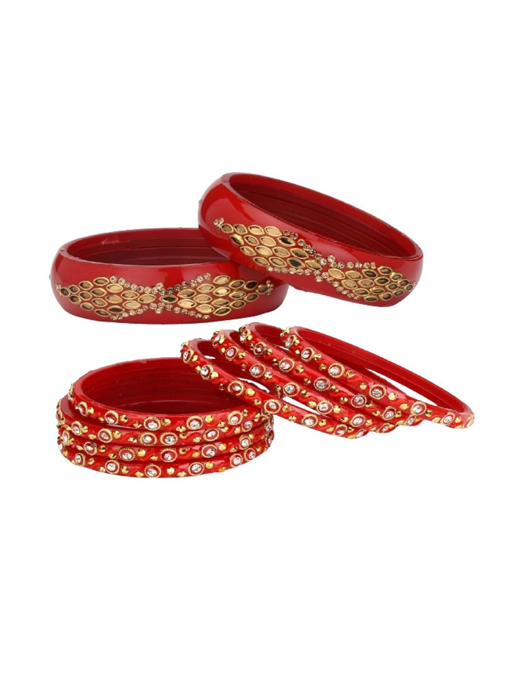 Somil Colorful Glass Bangles/Kada Set Perfect For Parties And Weddings, Red & Red, Combo Of 2 Set