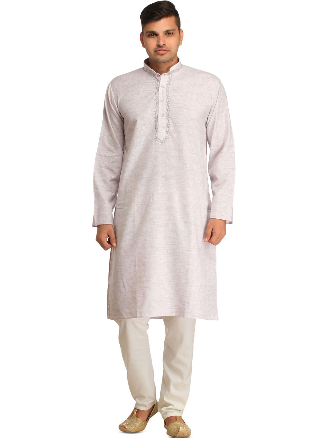 Exotic India Men Pure Cotton Kurta Pajama Set with Thread Embroidery on Neck