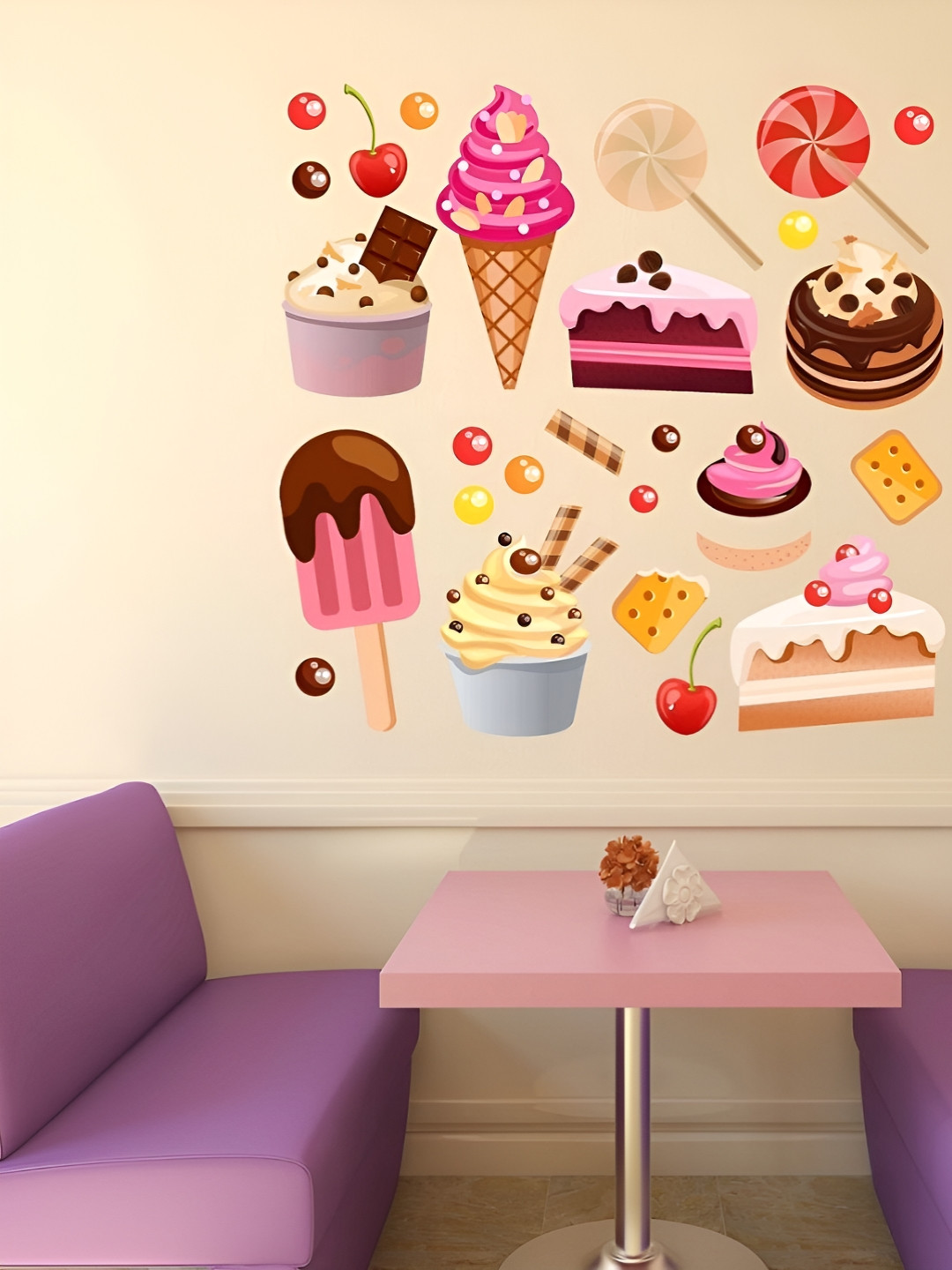 LANSTICK Pink & Brown Printed Colourful Ice Creams Decorative Self Adhesive Wall Sticker