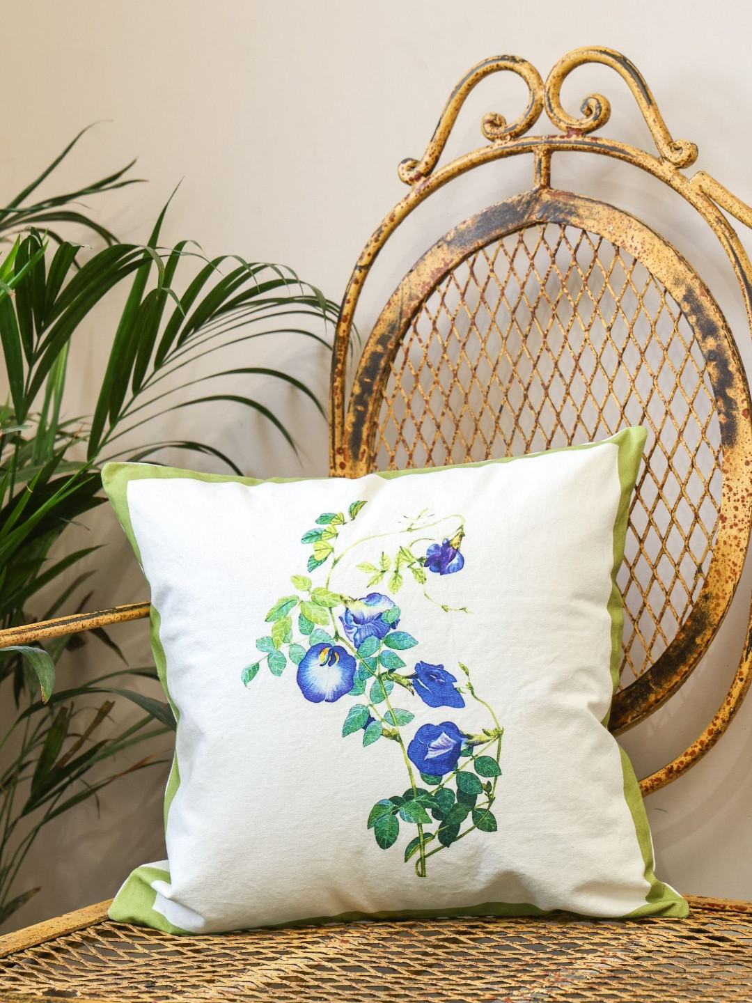 Crown of Poppies Blooming Garden Blue Floral Printed Cotton Square Cushion Cover