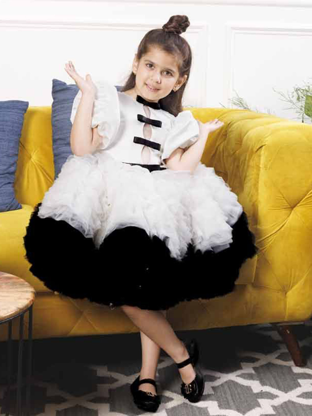 The Lush Affair Risa Kids Girls Self Design Flutter Sleeve Net Fit and Flare Dress