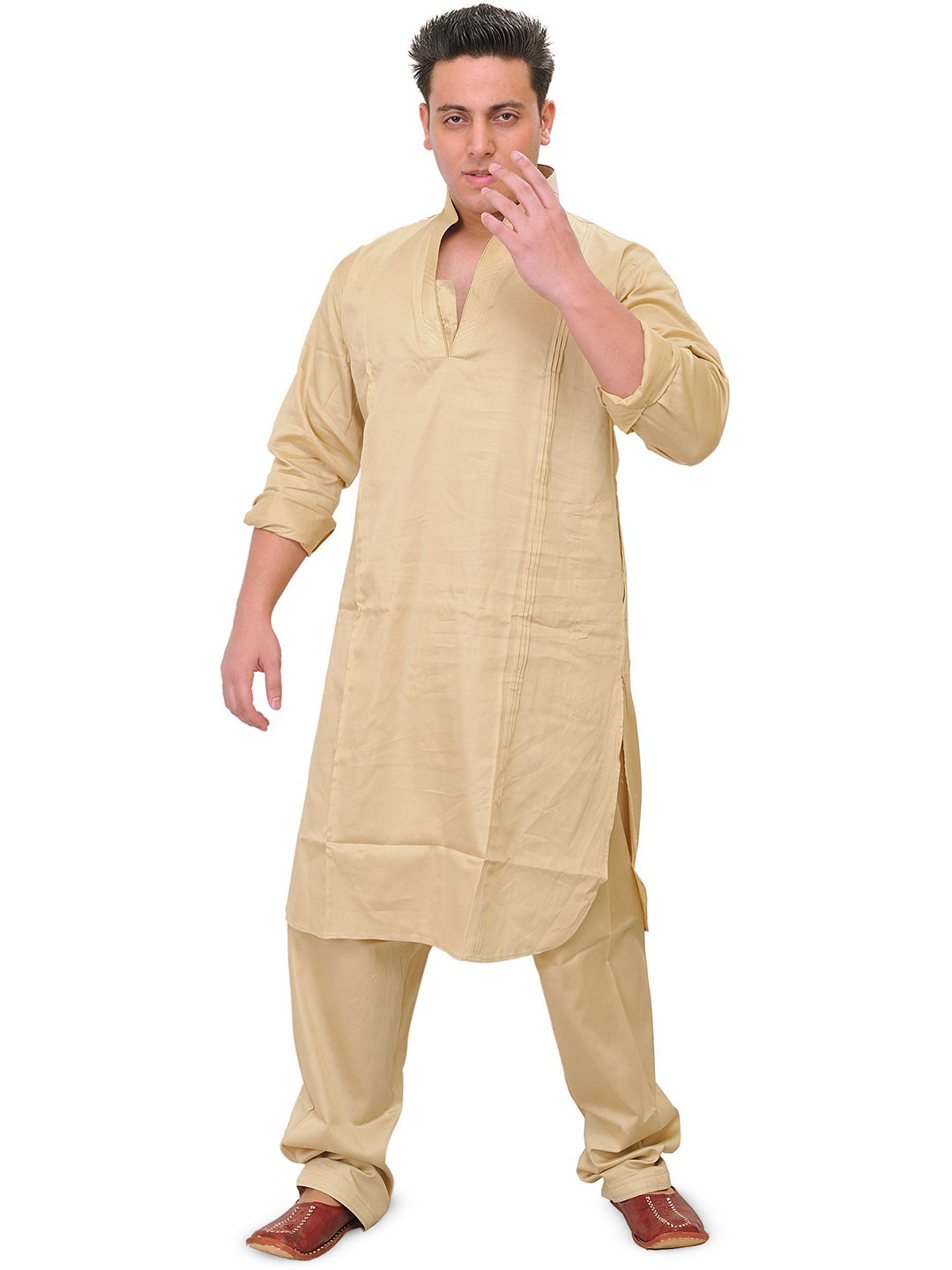 Exotic India Men Pleated Plain Kurta Pajama with Thread Embroidery