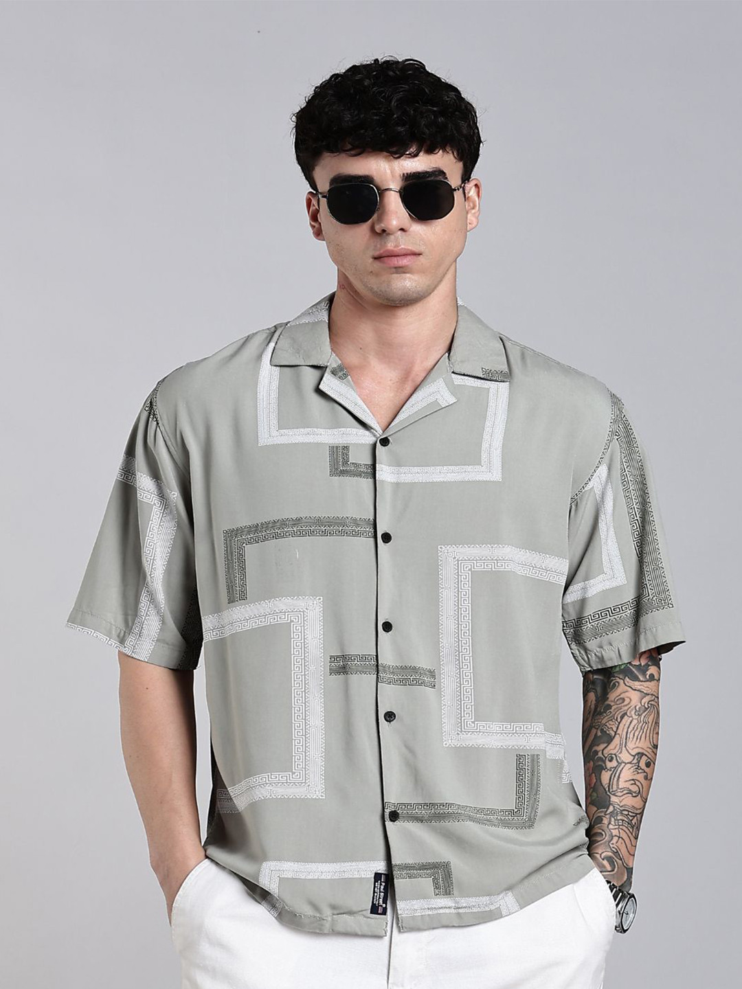 PAUL STREET Glid Geometric Printed Cuban Collar Comfort Boxy Casual Shirt